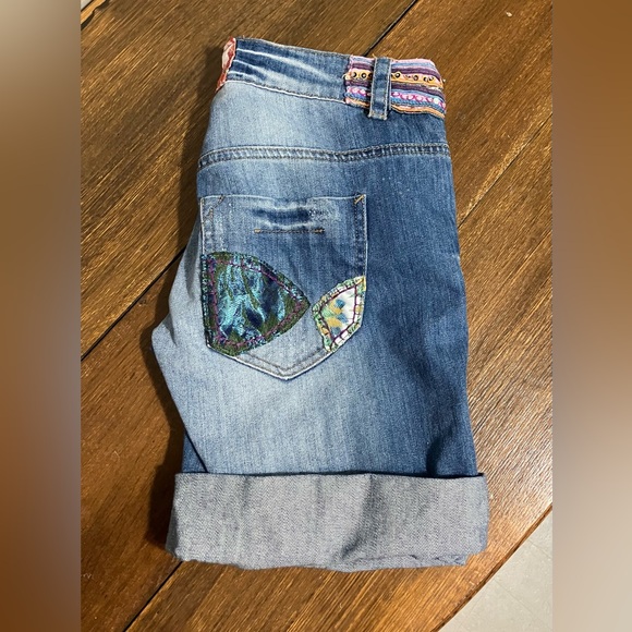 Desigual Blue Embroidered & Patchwork Boho Denim Shorts - Picture 6 of 10